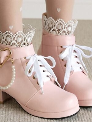 Vintage-Inspired Lace-Up Heart Pearl Chunky Heel Ankle Boots - Image 7