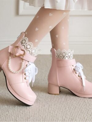 Vintage-Inspired Lace-Up Heart Pearl Chunky Heel Ankle Boots - Image 8