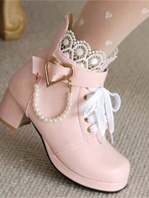 Vintage-Inspired Lace-Up Heart Pearl Chunky Heel Ankle Boots - Image 9