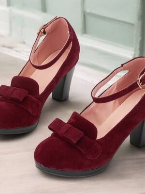 Vintage-Inspired Platform Bow Detail Green Suede Mary Jane Heels - Image 2