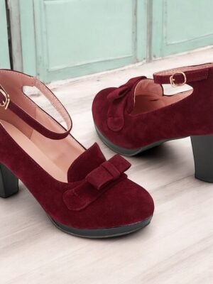 Vintage-Inspired Platform Bow Detail Green Suede Mary Jane Heels - Image 3