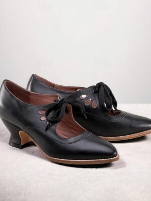 Vintage Lace-Up Elegant Pointed Toe Oxford Heels - Image 1