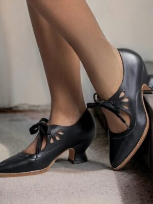Vintage Lace-Up Elegant Pointed Toe Oxford Heels - Image 5