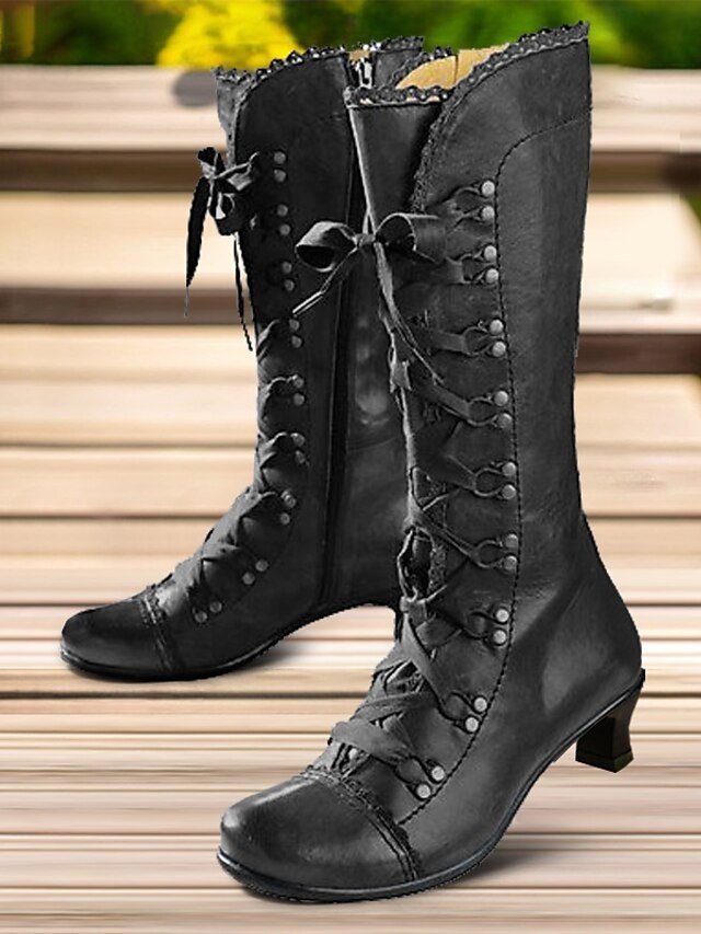 Vintage Lace-Up Round Toe Mid-Heel Boots - Image 1