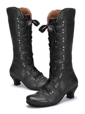 Vintage Lace-Up Round Toe Mid-Heel Boots - Image 3