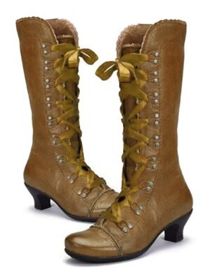 Vintage Lace-Up Round Toe Mid-Heel Boots - Image 9