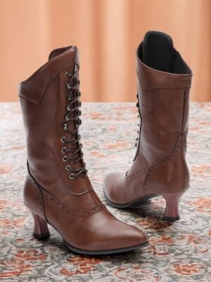 Vintage Mid Heel Lace-Up Victorian Boots - Image 1