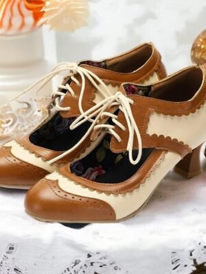 Vintage Oxford Kitten Heel Two-Tone Lace-Up Brogue Heels - Image 1