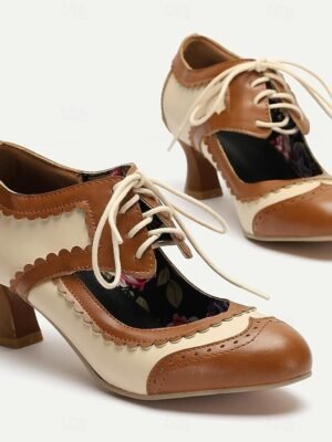 Vintage Oxford Kitten Heel Two-Tone Lace-Up Brogue Heels - Image 2