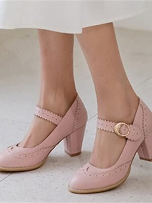 Vintage Retro Brogue Scalloped Strap Block Heel Mary Jane Heels - Image 11