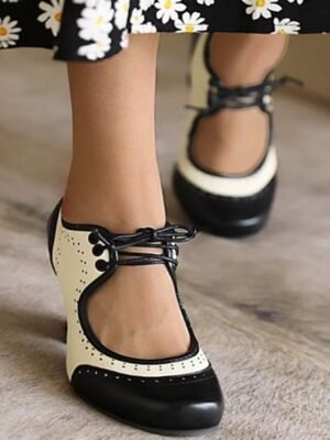 Vintage Retro Lace-Up Round Toe Chunky Heel Oxford Heels - Image 10