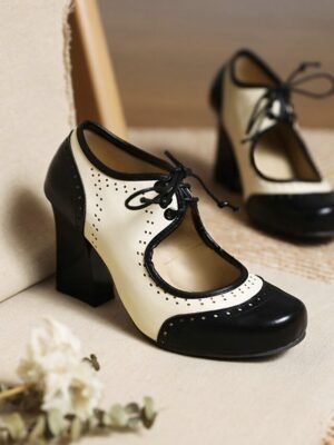 Vintage Retro Lace-Up Round Toe Chunky Heel Oxford Heels - Image 12