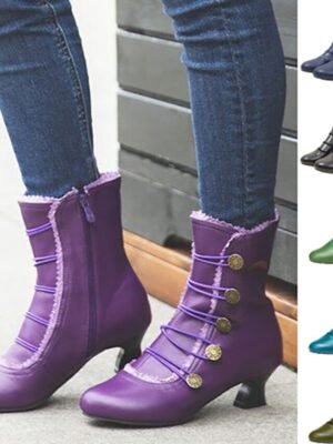 Vintage Retro Leather Button-Embellished Ankle Boots - Image 1