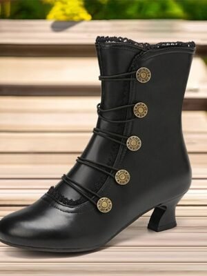 Vintage Retro Leather Button-Embellished Ankle Boots - Image 4