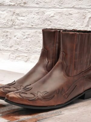 Vintage Style Brown Faux Leather Ankle Cowboy Boots - Image 1