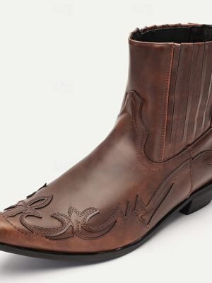 Vintage Style Brown Faux Leather Ankle Cowboy Boots - Image 2