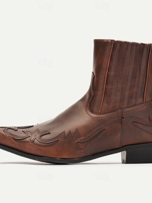 Vintage Style Brown Faux Leather Ankle Cowboy Boots - Image 3