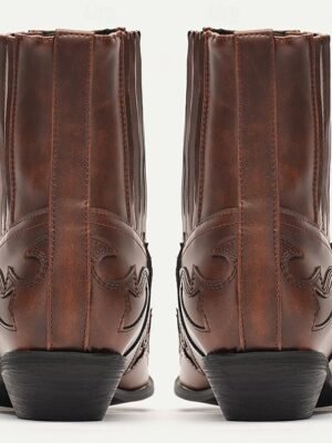 Vintage Style Brown Faux Leather Ankle Cowboy Boots - Image 5