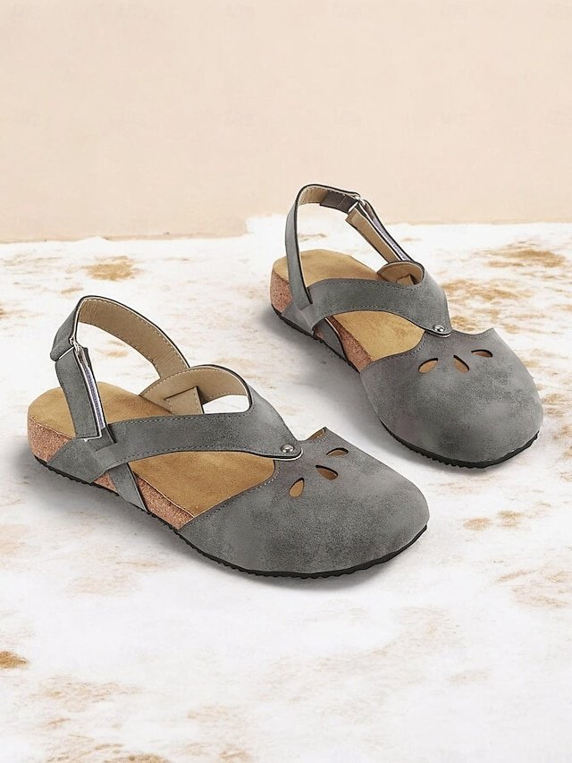 Vintage-Style Gray Suede Cut-Out Cork Sole Sandals - Image 2