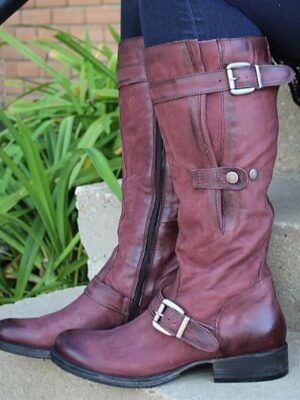 Vintage Style Knee-High Faux Leather Round Toe Motorcycle Boots - Image 4