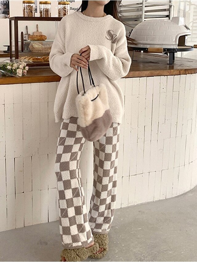 Warm Graphic Crew Neck Long Sleeve Fleece Loungewear Set - Image 1