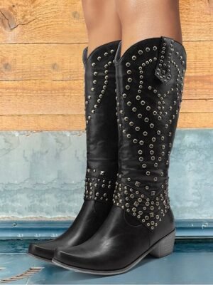 Western Black Studded Knee-High Block Heel Boots - Image 1