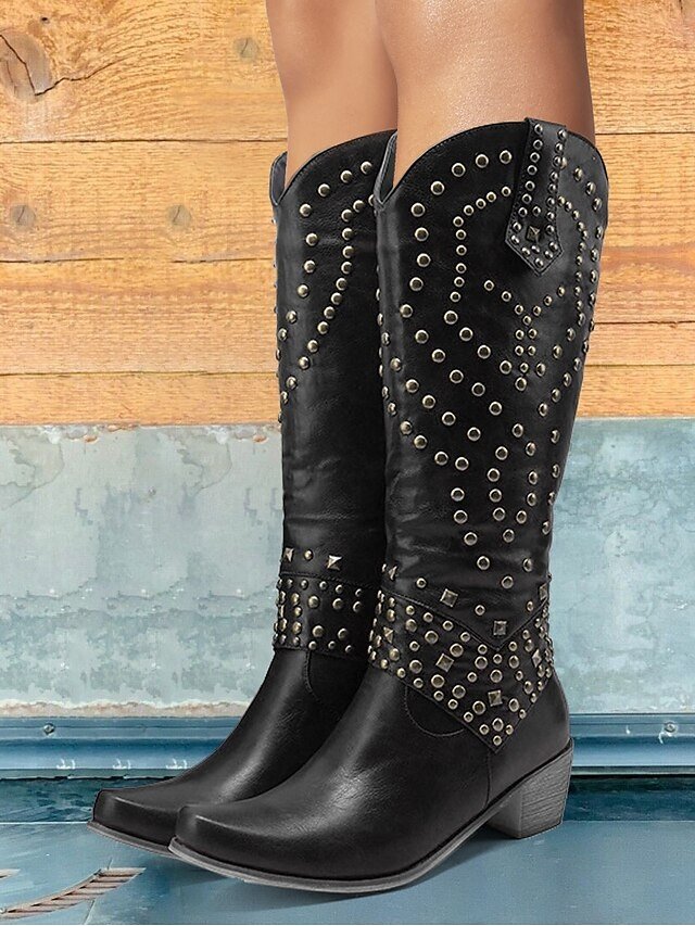 Western Black Studded Knee-High Block Heel Boots - Image 1