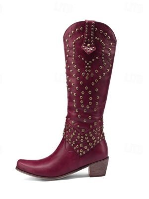 Western Black Studded Knee-High Block Heel Boots - Image 10