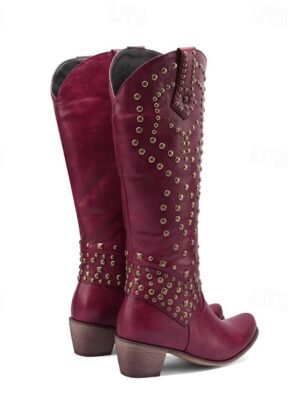 Western Black Studded Knee-High Block Heel Boots - Image 11