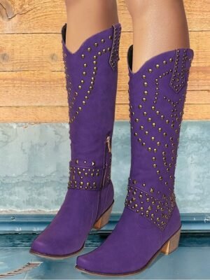 Western Black Studded Knee-High Block Heel Boots - Image 12