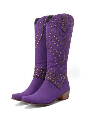 Western Black Studded Knee-High Block Heel Boots - Image 13