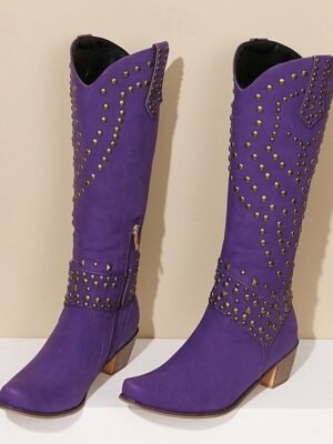 Western Black Studded Knee-High Block Heel Boots - Image 14