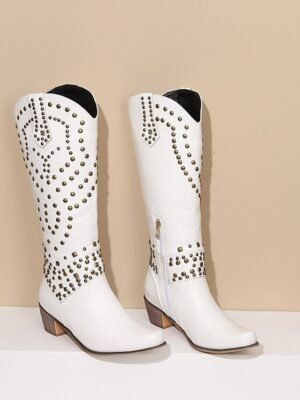 Western Black Studded Knee-High Block Heel Boots - Image 16