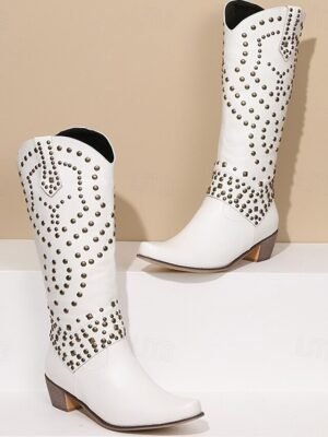 Western Black Studded Knee-High Block Heel Boots - Image 17