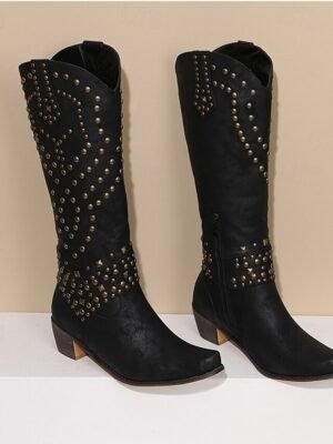 Western Black Studded Knee-High Block Heel Boots - Image 2