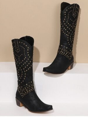 Western Black Studded Knee-High Block Heel Boots - Image 3