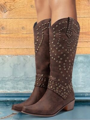 Western Black Studded Knee-High Block Heel Boots - Image 4