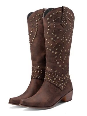 Western Black Studded Knee-High Block Heel Boots - Image 5