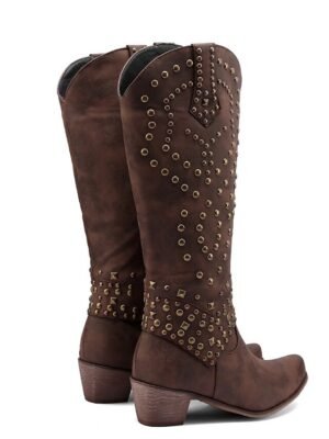 Western Black Studded Knee-High Block Heel Boots - Image 6