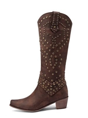 Western Black Studded Knee-High Block Heel Boots - Image 7