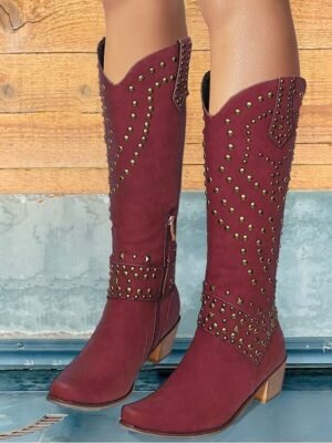 Western Black Studded Knee-High Block Heel Boots - Image 8