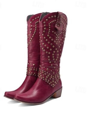 Western Black Studded Knee-High Block Heel Boots - Image 9