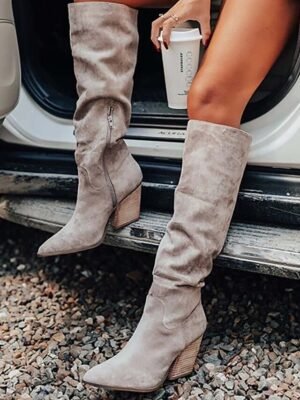 Western Comfort Suede Pointed Toe Slouch Knee-High Cowboy Boots - Image 3