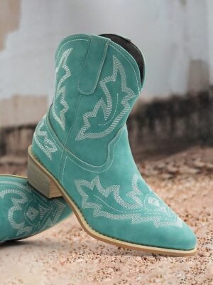 Western Embroidered Floral Turquoise Cowboy Boots - Image 3