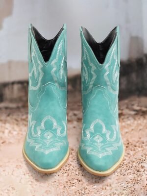 Western Embroidered Floral Turquoise Cowboy Boots - Image 4