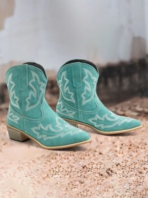 Western Embroidered Floral Turquoise Cowboy Boots - Image 5