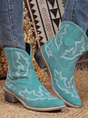 Western Embroidered Floral Turquoise Cowboy Boots - Image 8