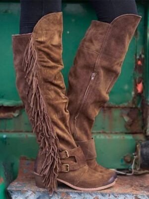 Western Knee-High Fringe Round Toe Suede Boots - Image 1