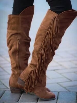 Western Knee-High Fringe Round Toe Suede Boots - Image 2