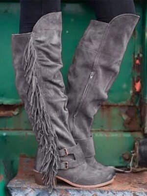 Western Knee-High Fringe Round Toe Suede Boots - Image 3